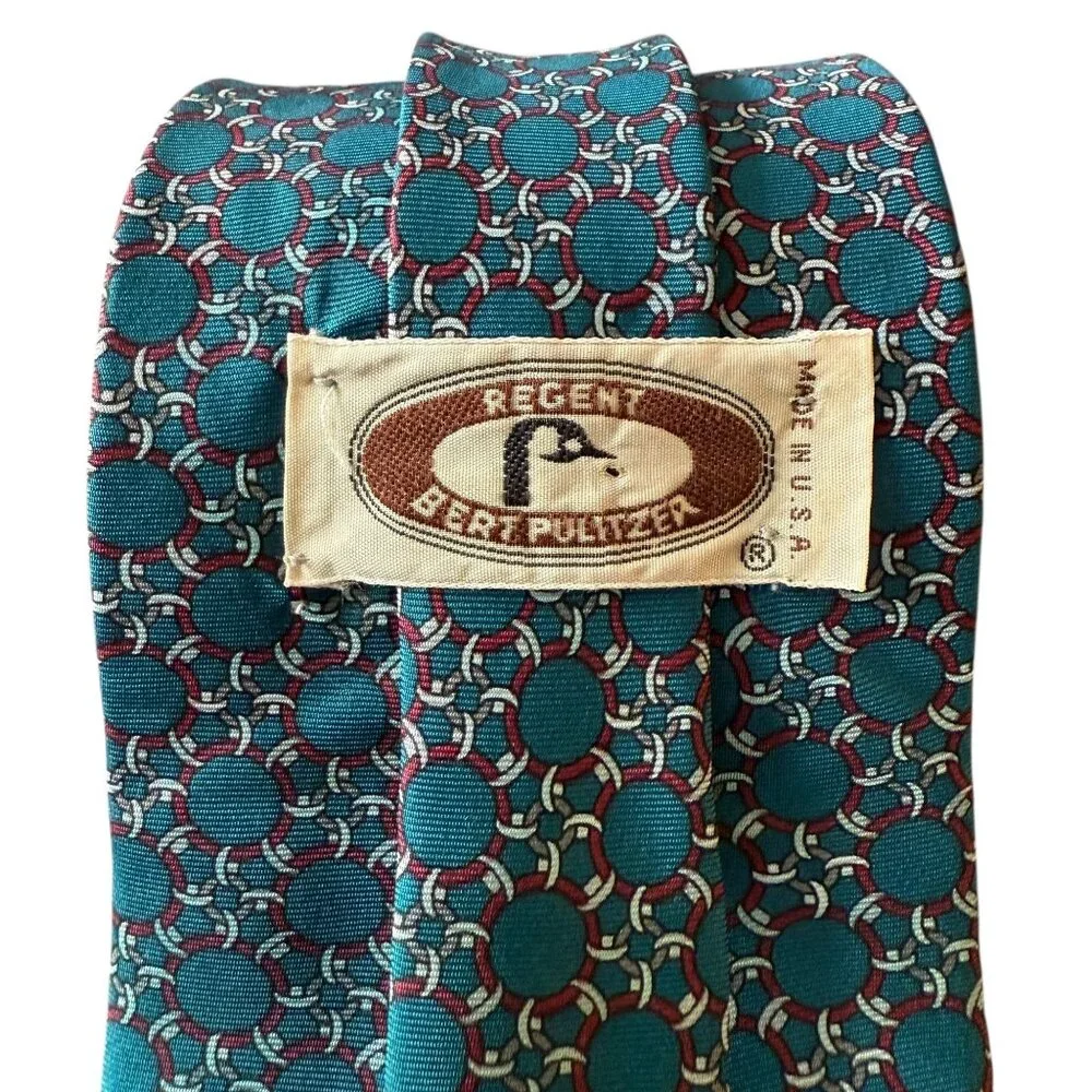 Regent Bert Pulitzer Vintage Mens Silk Tie Teal Geometric Pattern Made In USA - Picture 6 of 9